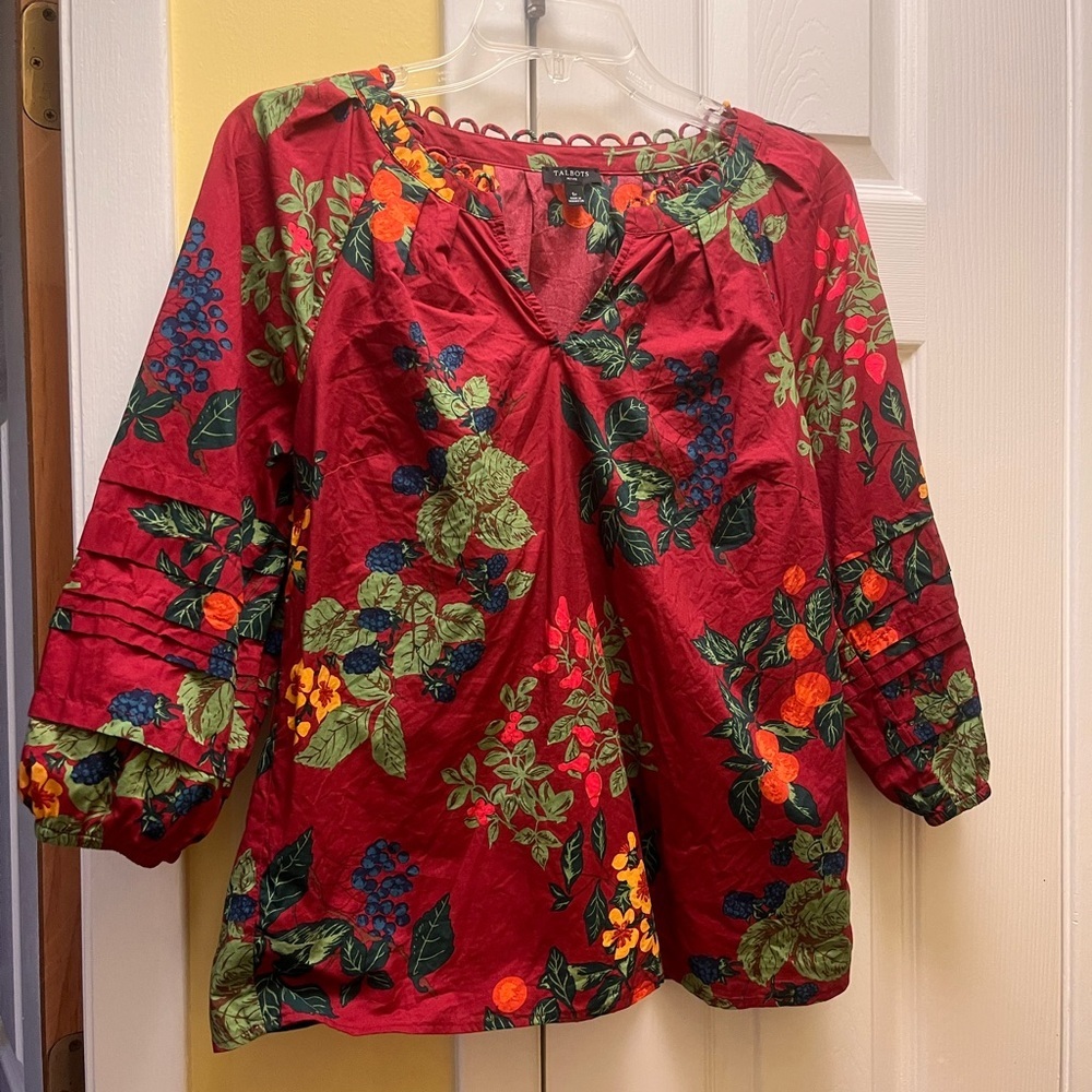 Talbots Red Berry Floral V-Neck Blouse with Sleeve Details - Picture 7 of 8